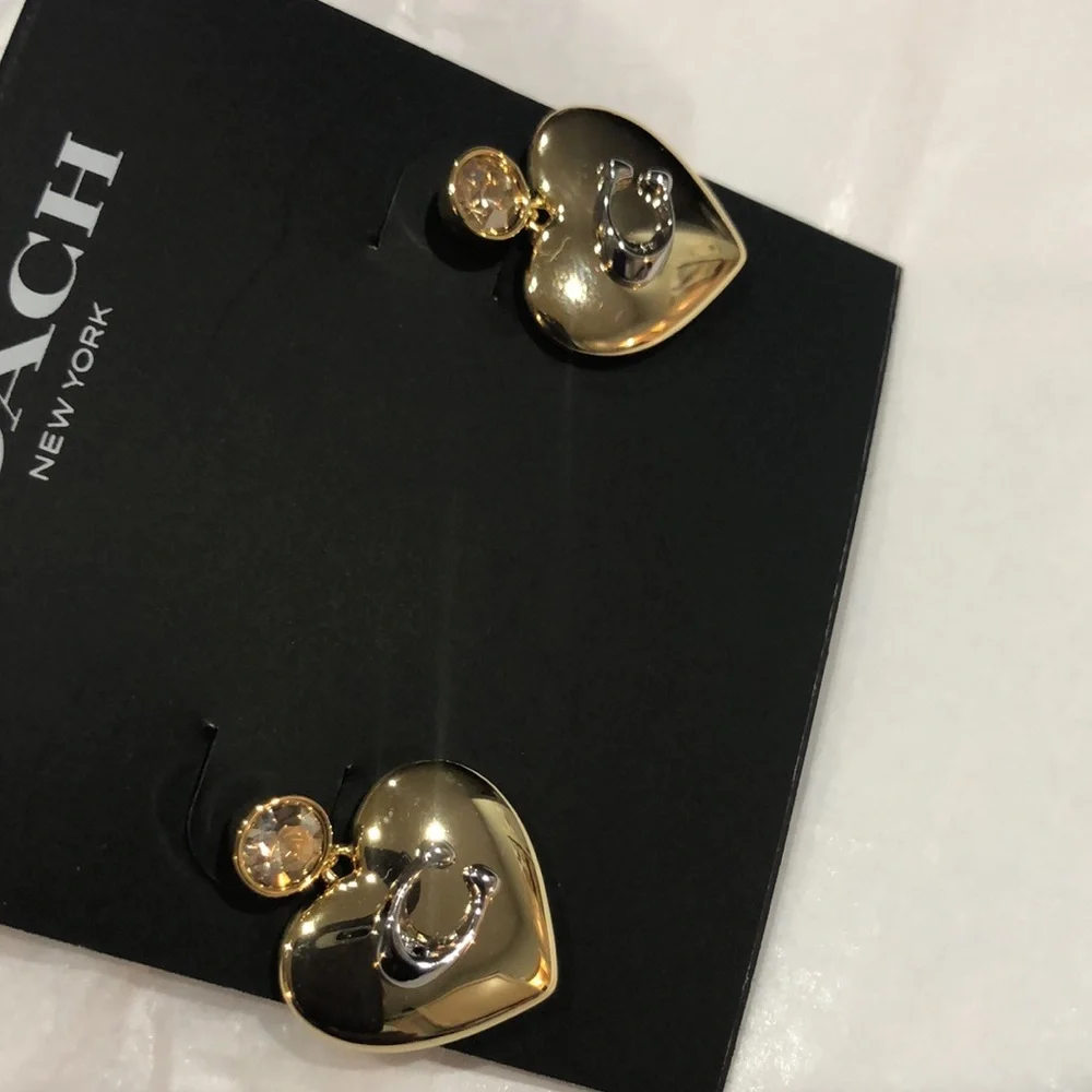 Coach gold plated puffy heart shape citrine gemstone look dangling stud earrings - Picture 4 of 14
